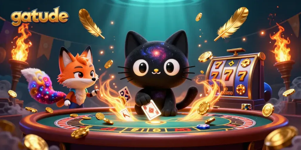 Experience an exciting cosmic casino with gatude and animated characters pulling in golden chips.