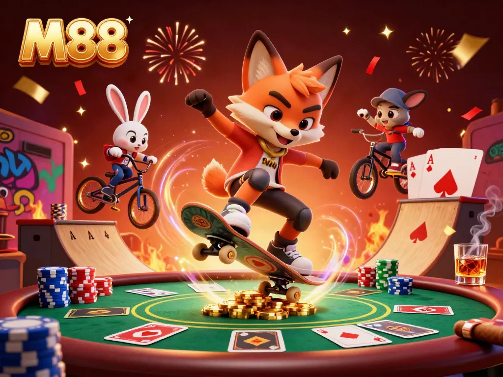 Experience excitement with M88 as a skateboarder fox performs tricks over poker chips and vibrant casino elements.