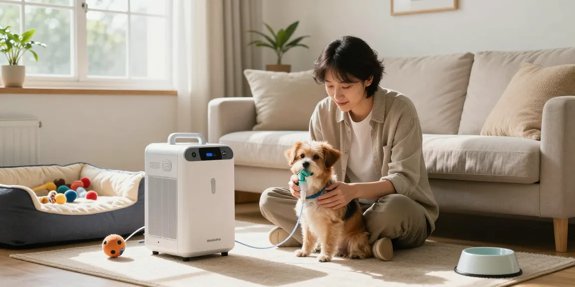 Pet owner using a portable oxygen therapy machine for their dog, showcasing essential information about 寵物氧氣設備資訊.