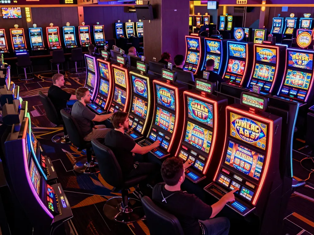 Players enjoying slot games with eager expressions in a lively casino atmosphere