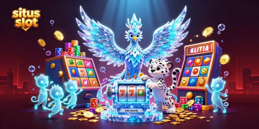Gambarkan pengalaman bermain situs slot dengan phoenix es, macan tutul salju, dan sprite es di kasino digital.