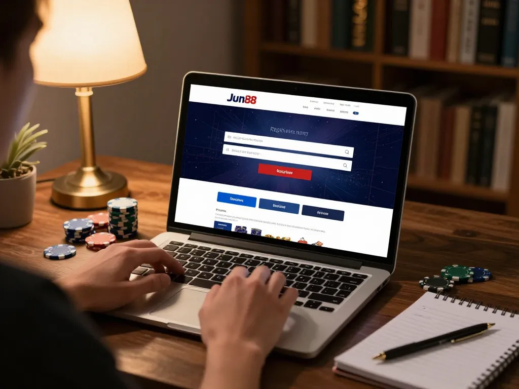 Registering at Jun88 online casino on a laptop with poker chips and strategy notes nearby