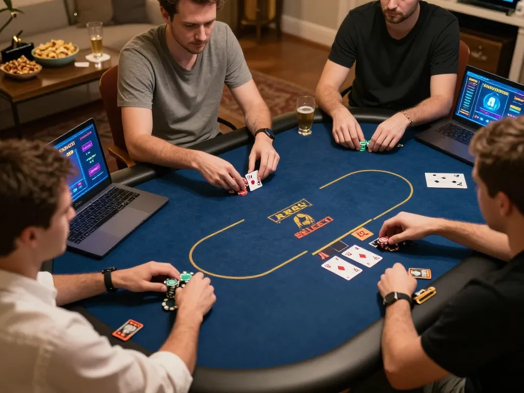 Players engaging in an online poker game with RR88 SELECT interface, showcasing strategic gameplay and cozy atmosphere.
