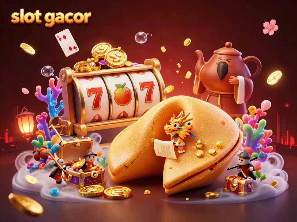 Experience the thrill of slot gacor with a vibrant illustration of fortune cookies, dragons, and slot reels.