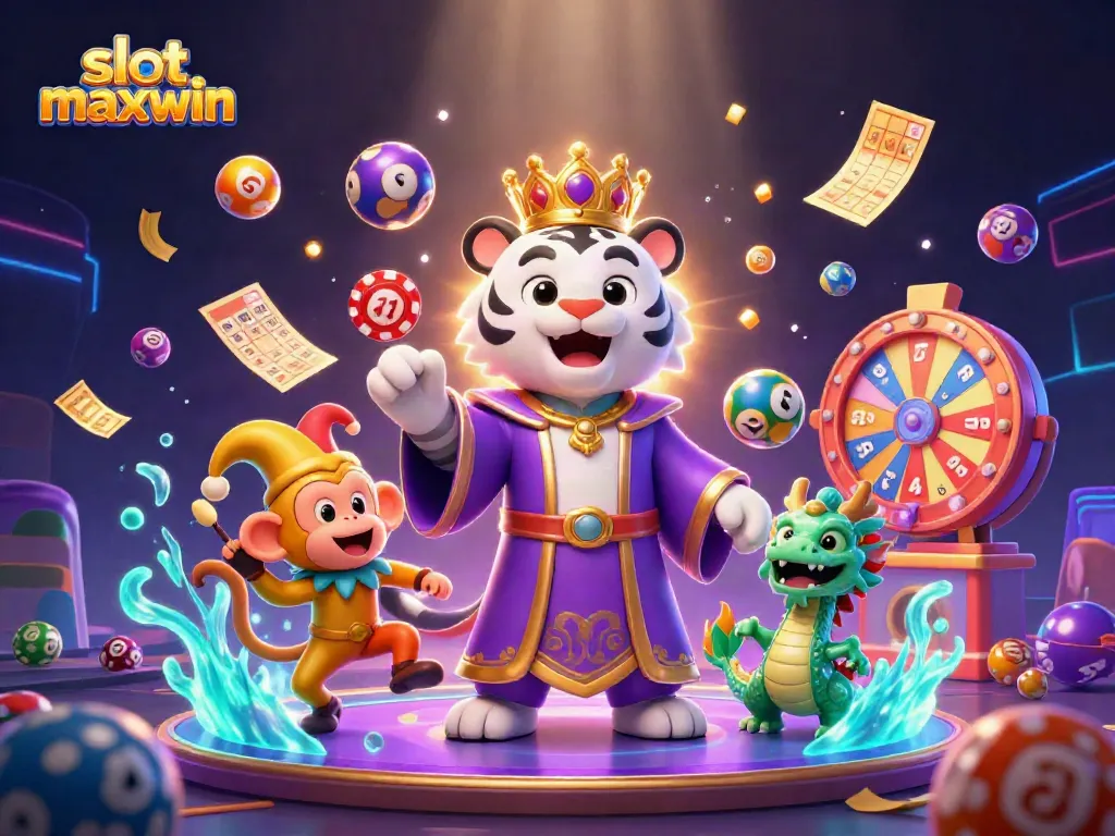 Experience the action of slot maxwin with a lively scene featuring a royal tiger, juggling monkey, and winning elements.
