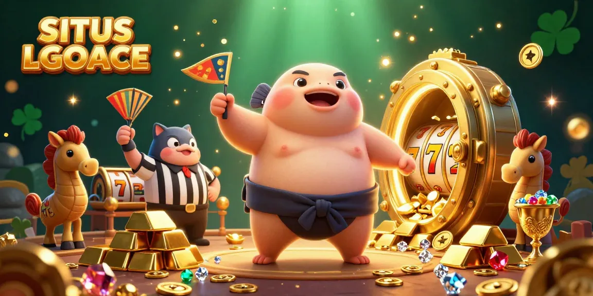 SITUS LGOACE showcases vibrant characters in a 3D gambling scene surrounded by slot elements and treasures.