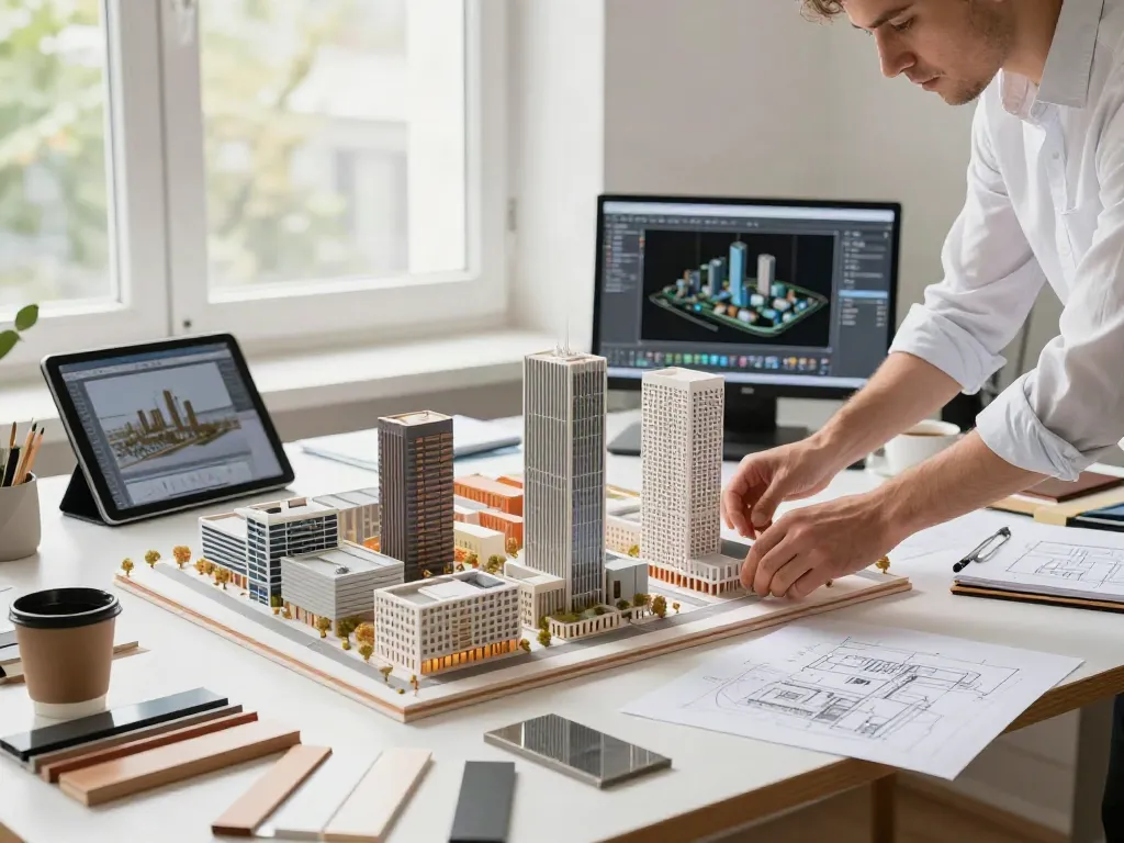 Architektur Modellbau Berlin: Detailreiches Modell eines urbanen Landschaftsbildes mit Architekt in kreativem Arbeitsumfeld.