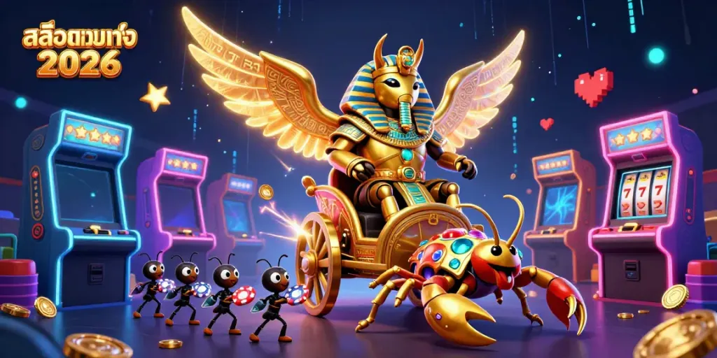 Experience สล็อตเว็บตรง 2026 with a vibrant 3D illustration of gaming elements and a majestic scarab beetle.