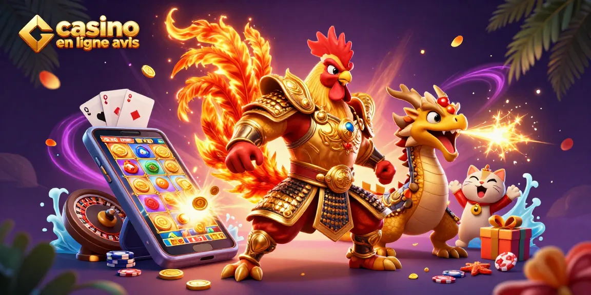 Illustration dynamique représentant des personnages de "casino en ligne avis" dans un univers de jeux d'argent.