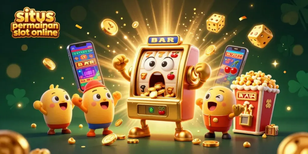Permainan situs permainan slot online yang memukau dengan mesin slot emas dan koin berjatuhan.