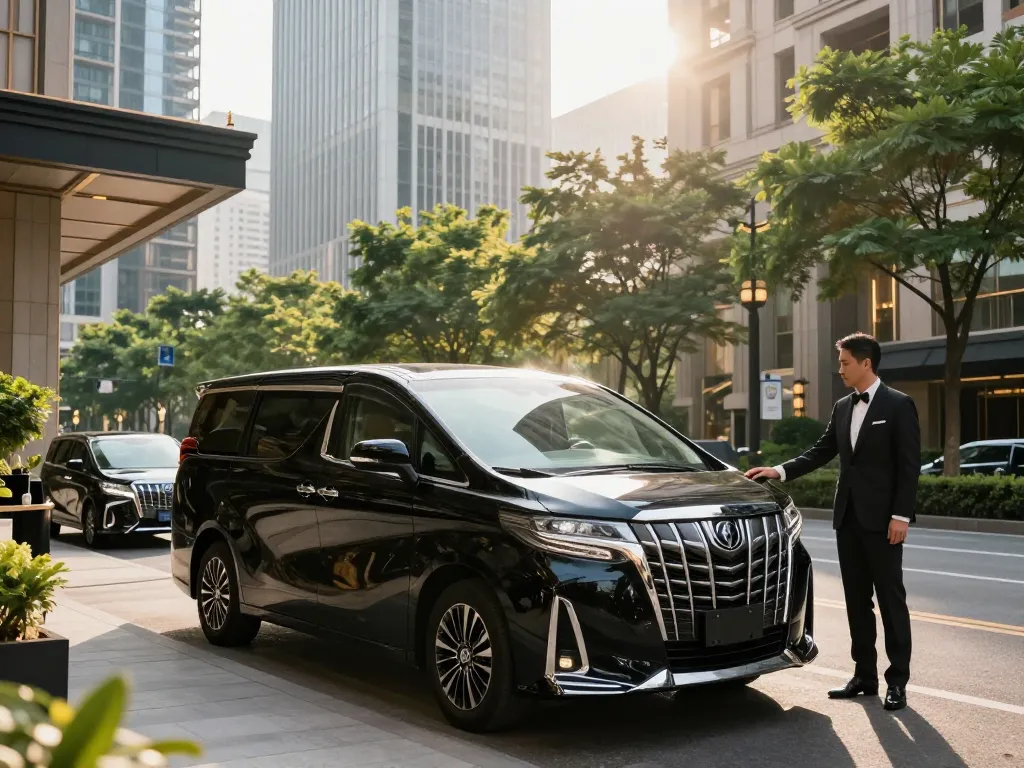 Kinh nghiệm du lịch sang trọng với cho thuê xe Alphard bên ngoài một khách sạn cao cấp, thể hiện sự thanh lịch và dịch vụ cao cấp.