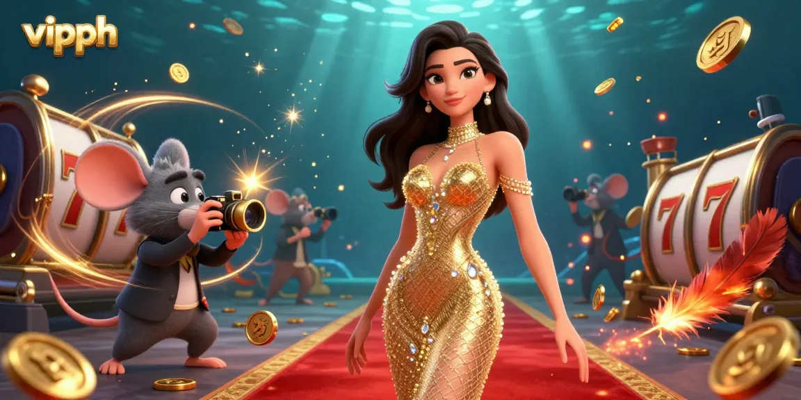 Engage with VIPPH's premium gaming experience, featuring a glamorous character and dynamic casino elements.
