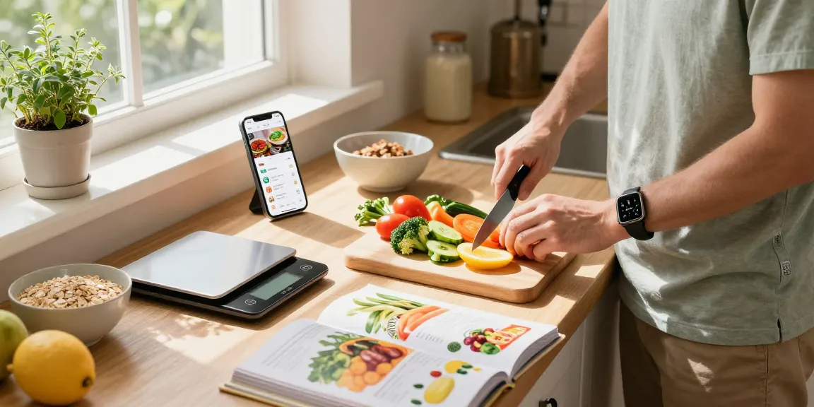 Preparing breakfast with the best calorie tracking app visible on smartphone in bright kitchen scene