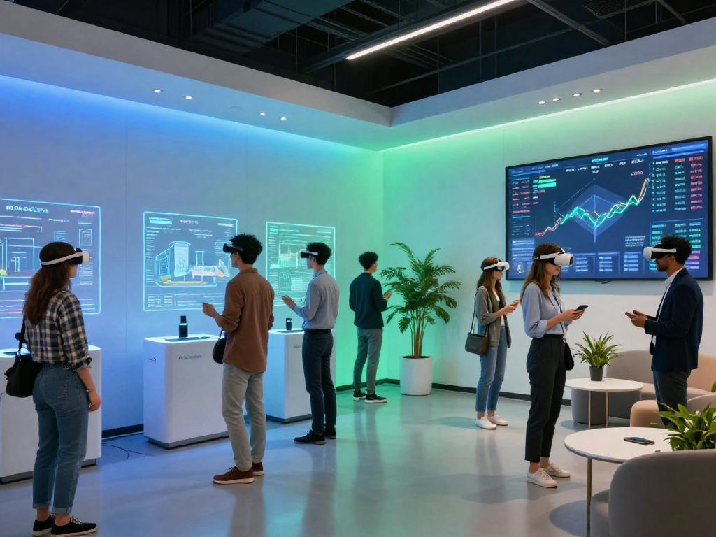 Investors exploring ROKOK88 and MetaRealty's innovative virtual real estate concepts at a digital exhibition.