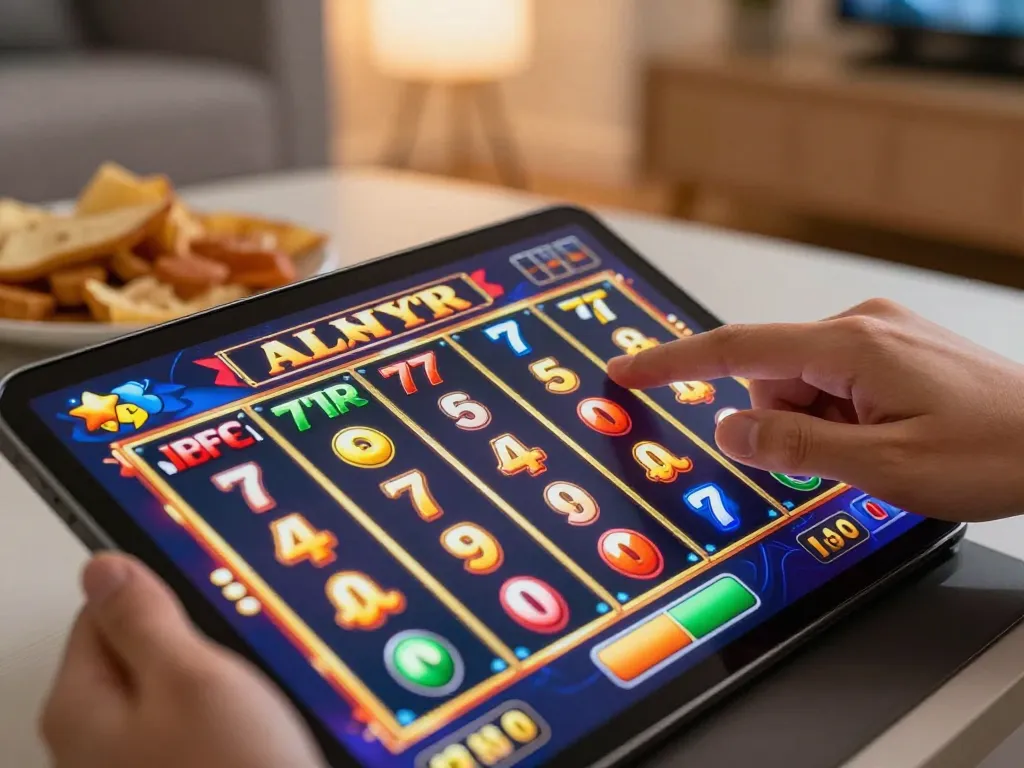Engaging gameplay on slot777 as player spins reels on tablet in cozy home setting