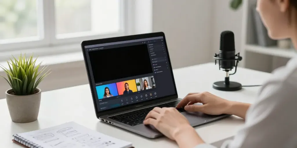 Affordable AI text to video generator showcased in a bright modern workspace with a content creator at a laptop.