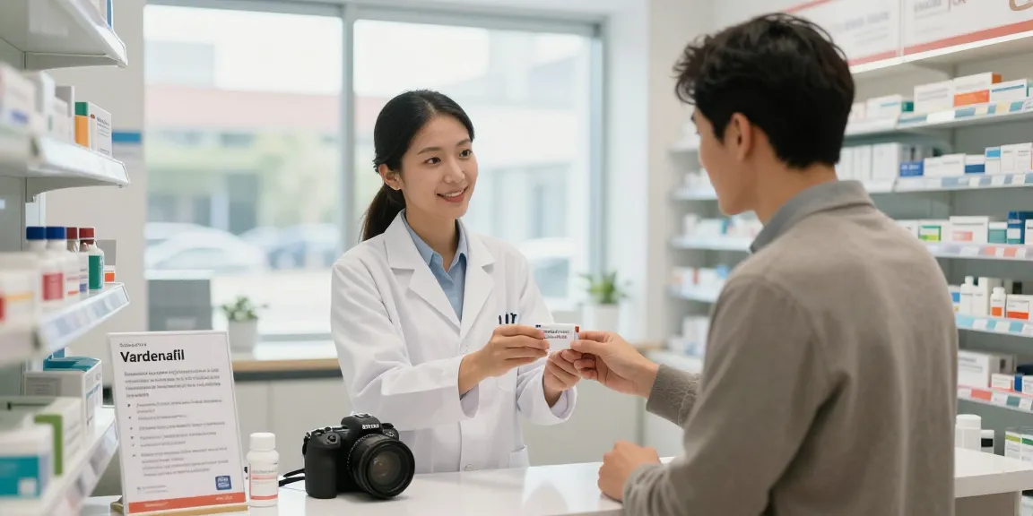Pharmacist advising a customer on Vardenafil for erectile dysfunction in a modern pharmacy environment.
