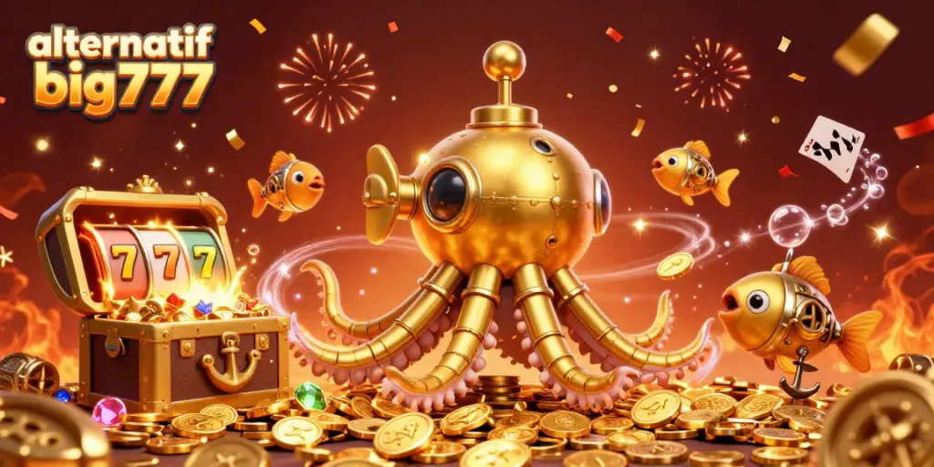 Engage with alternatif big777 through this vibrant 3D illustration showcasing golden kraken gameplay and slot symbols.
