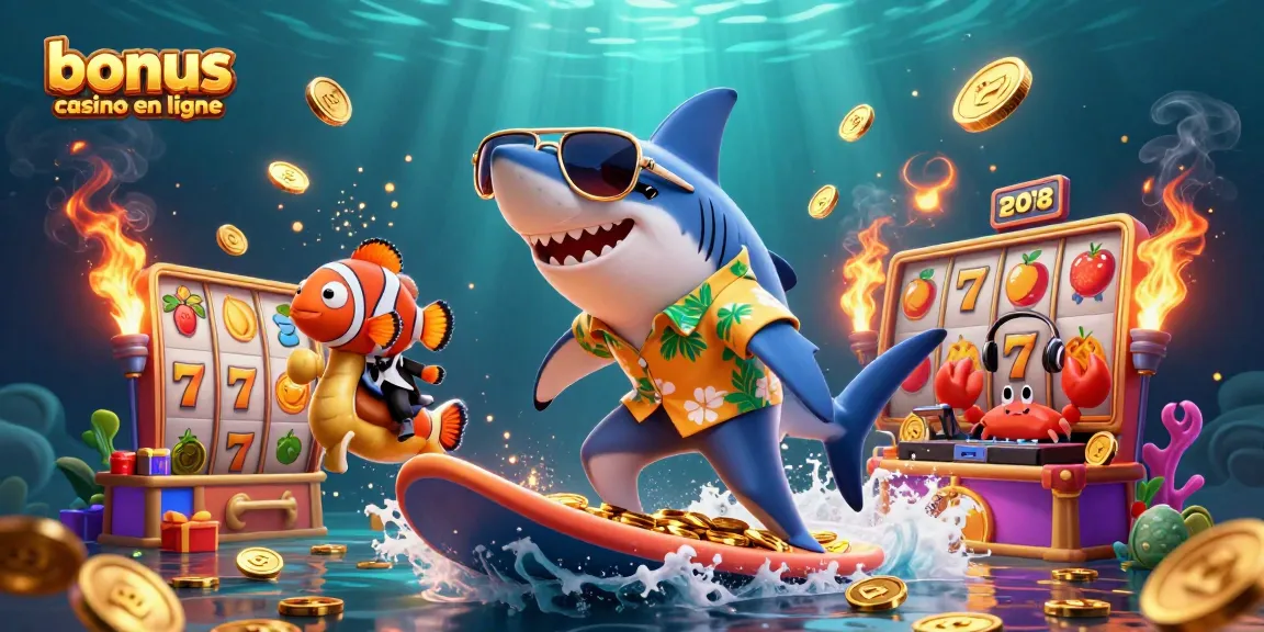 Plongez dans l'univers des bonus casino en ligne avec un requin surfeur entouré de pièces d'or.
