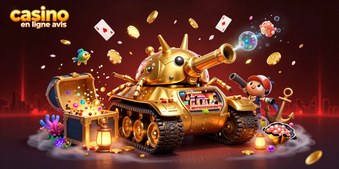 Casino en ligne avis : illustration d'un tank avec miniature de casino et éléments de jeu flottants
