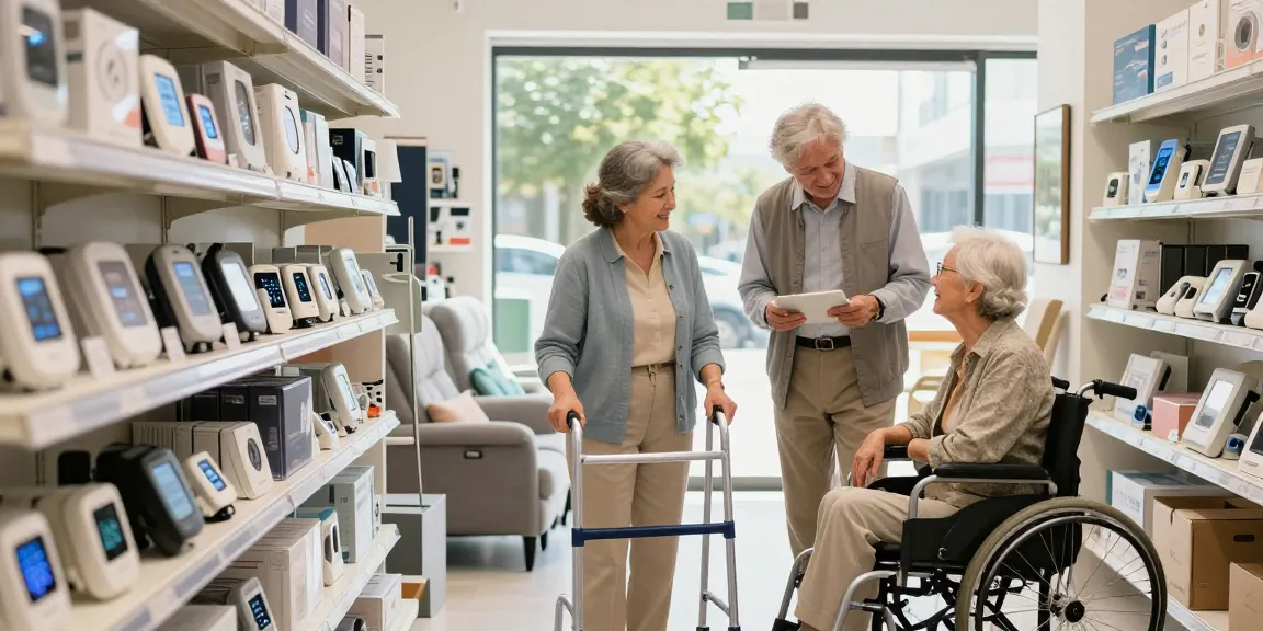 Shopping at a 長者用品專門店, elderly couple exploring mobility aids and assistive devices.