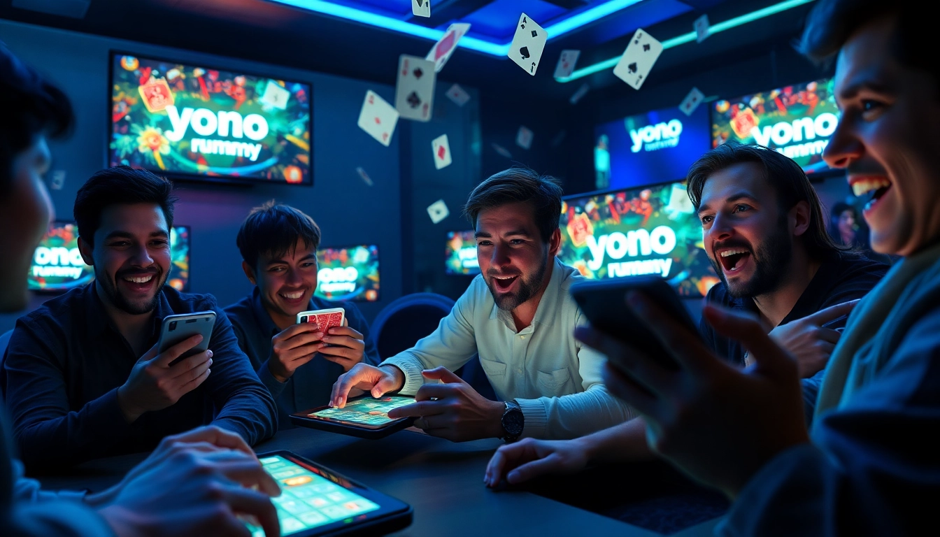Engage in thrilling yono rummy gameplay, showcasing players in a vibrant, energetic digital setting.