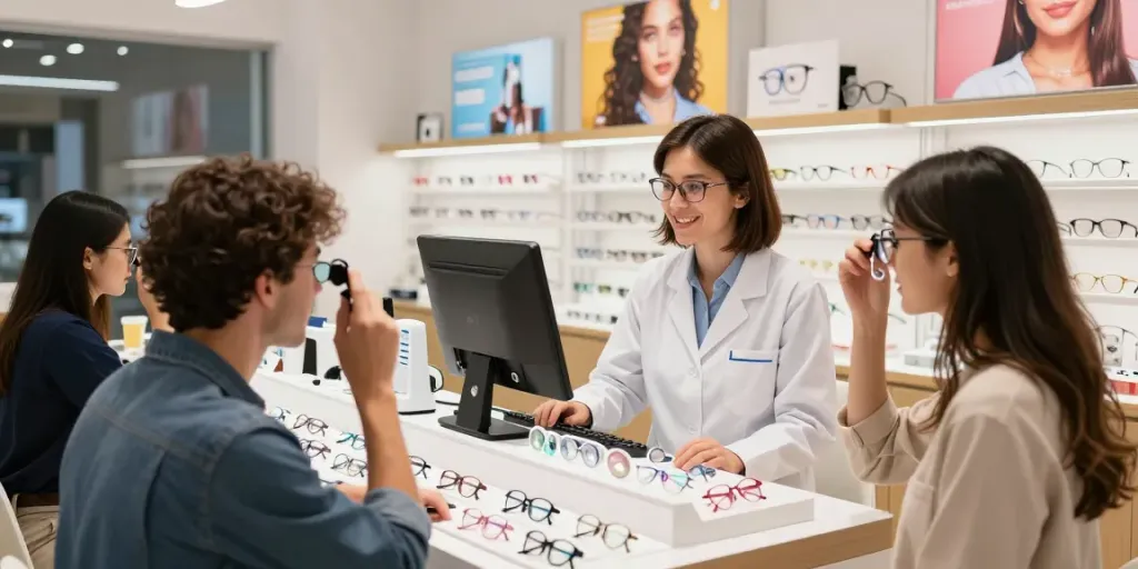 Cliente escolhendo lentes de contato em ótica moderna, consultor ajudando na seleção.