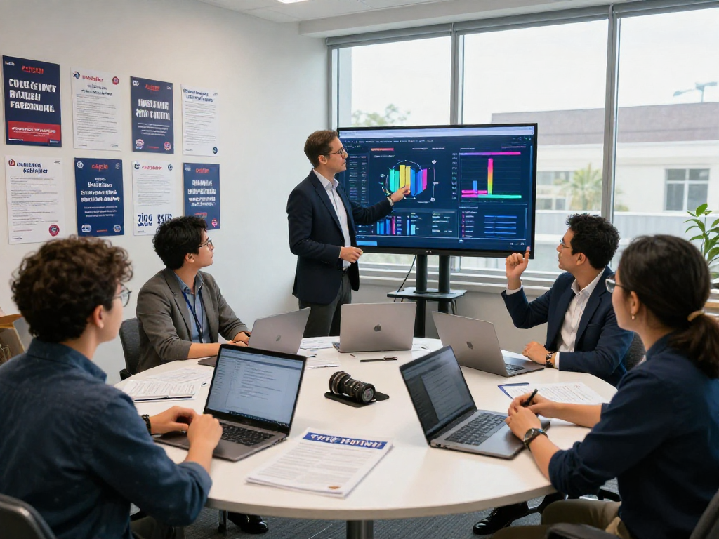 Politician analyzing digital fundraising for campaigns data with team in a lively office.