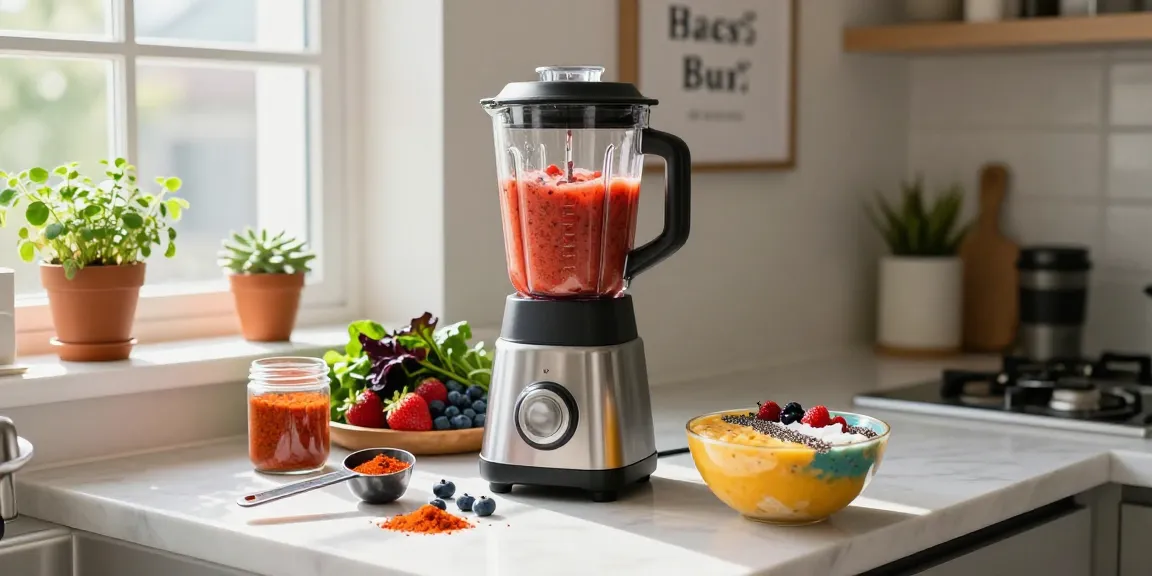 Health enthusiast blending astaxanthin smoothie in a vibrant kitchen