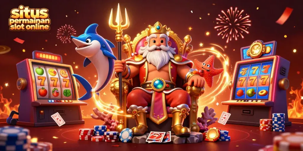 Gambarlah situs permainan slot online dengan karakter Raja Neptunus dan mesin slot.