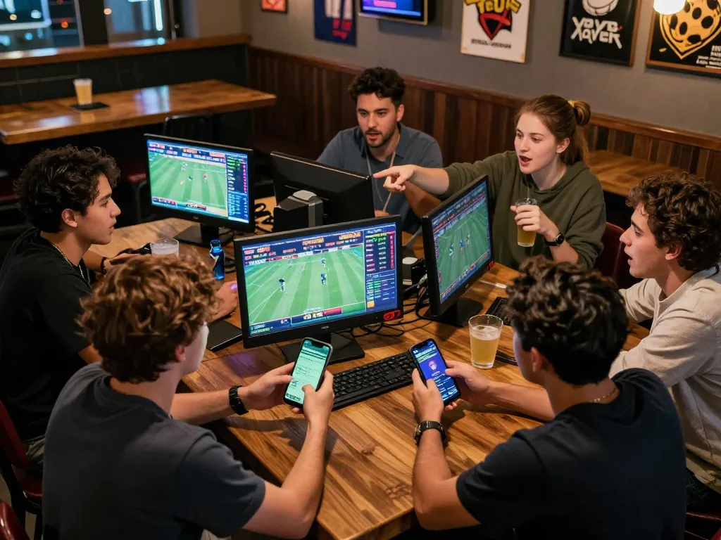Engaged group placing sports bets using superjp app in vibrant sports bar atmosphere.