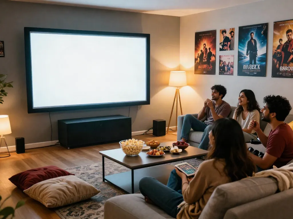 Friends enjoying uncutmasti content in a cozy home cinema setting with warm lighting.