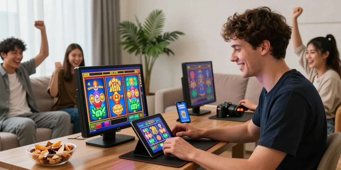 Exciting online gaming moment with slot deposit dana being played on a tablet in a vibrant living room.