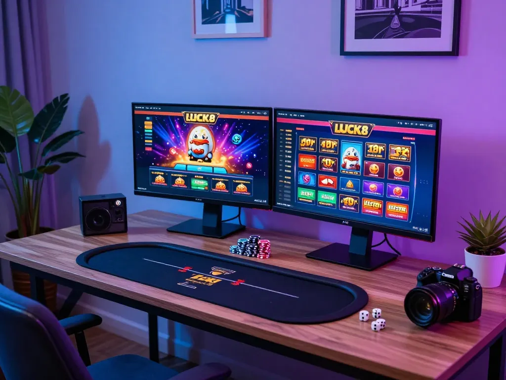 LUCK8 gameplay displayed on multiple monitors in a modern home casino setup