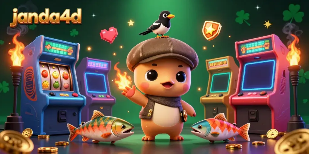 Permainan menarik di JANDA4D menampilkan monster Nessie, ikan salmon, dan mesin slot cerah.