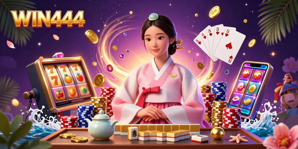 Experience the thrill of WIN444 slots with vibrant graphics, a serene woman in a hanbok, and dynamic casino elements.