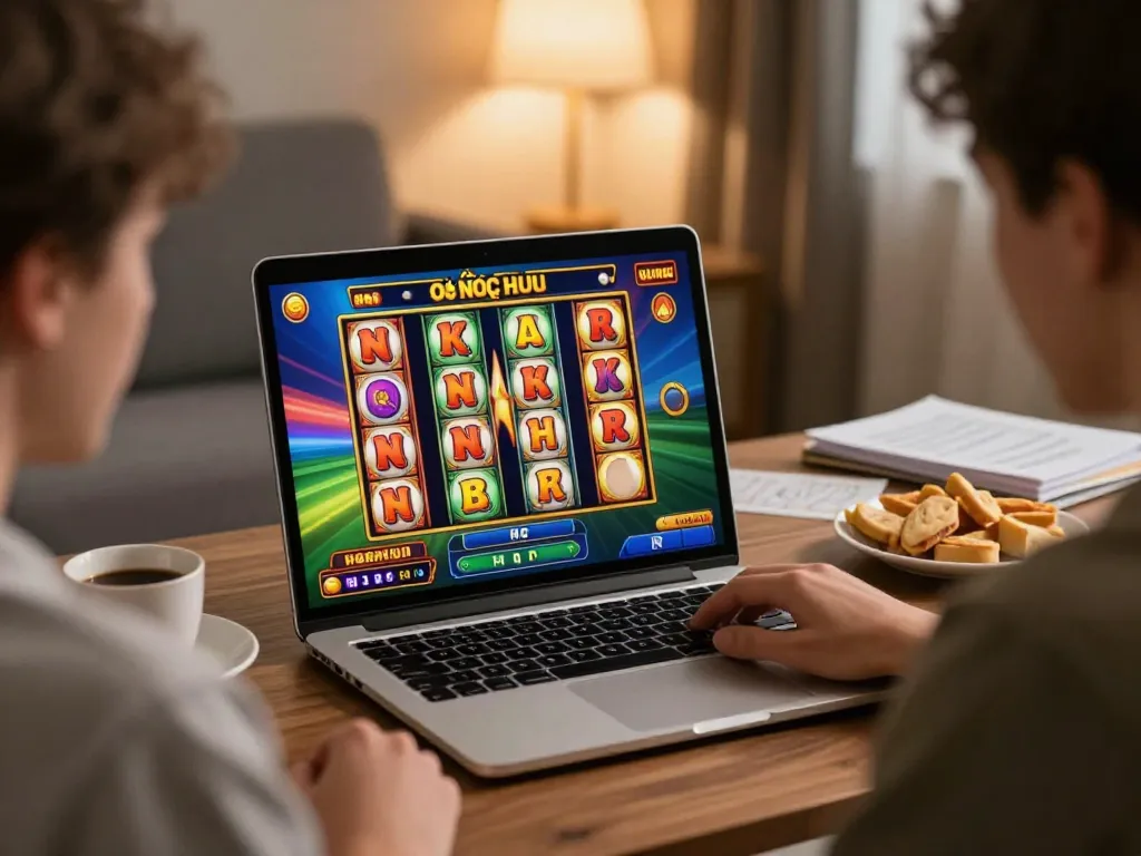 Players immersively engaging in nổ hũ gaming on a laptop with vibrant slot reels.