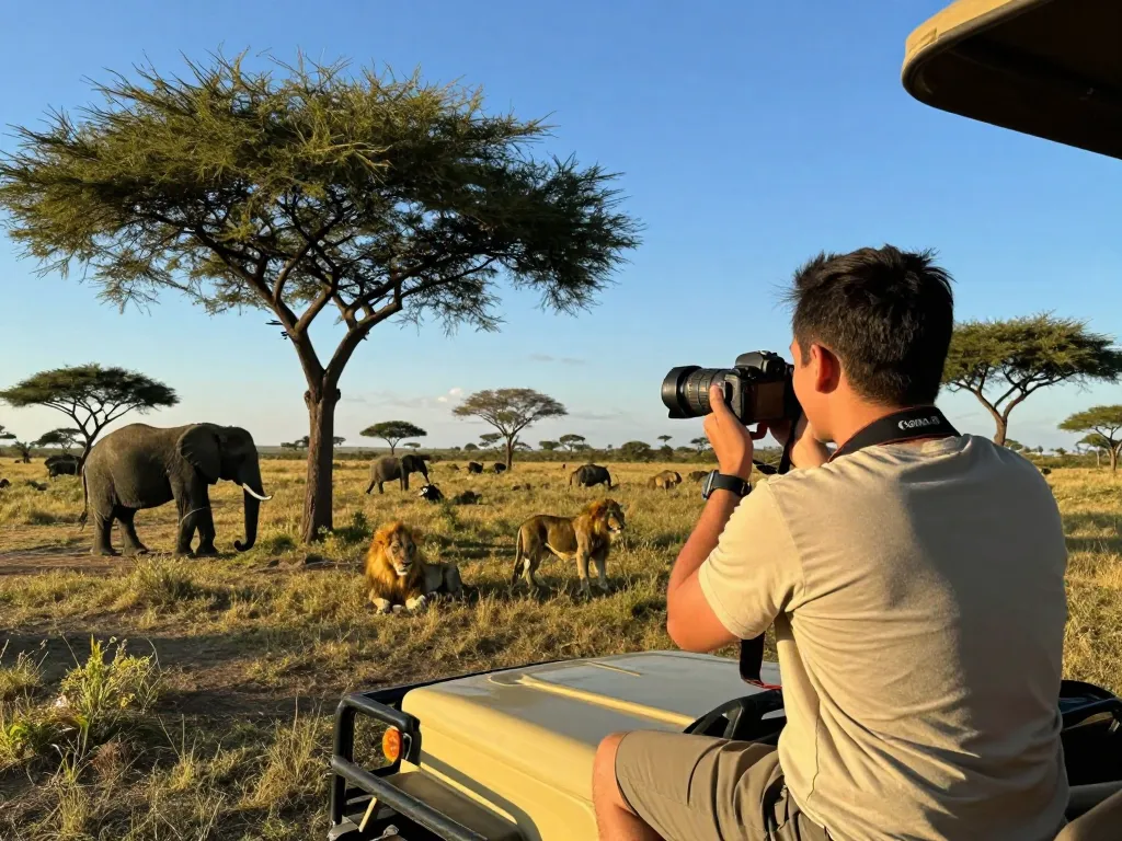 Best Tanzania adventure tours featuring travelers on safari capturing wildlife moments in stunning savannah landscapes.