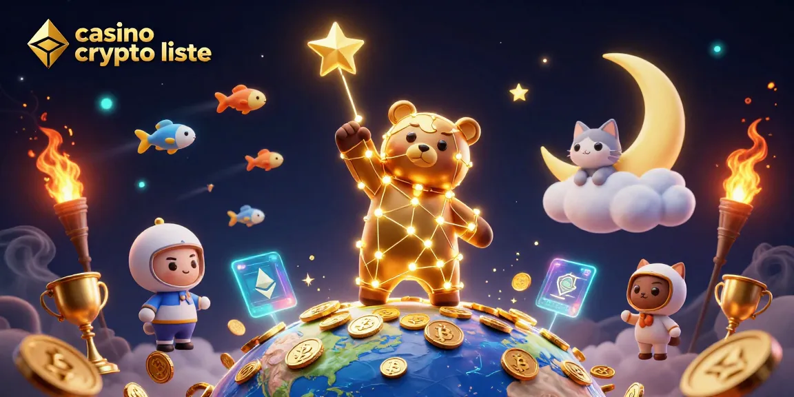 Illustration dynamique montrant un casino crypto liste avec des personnages 3D et des éléments de jeu captivants.