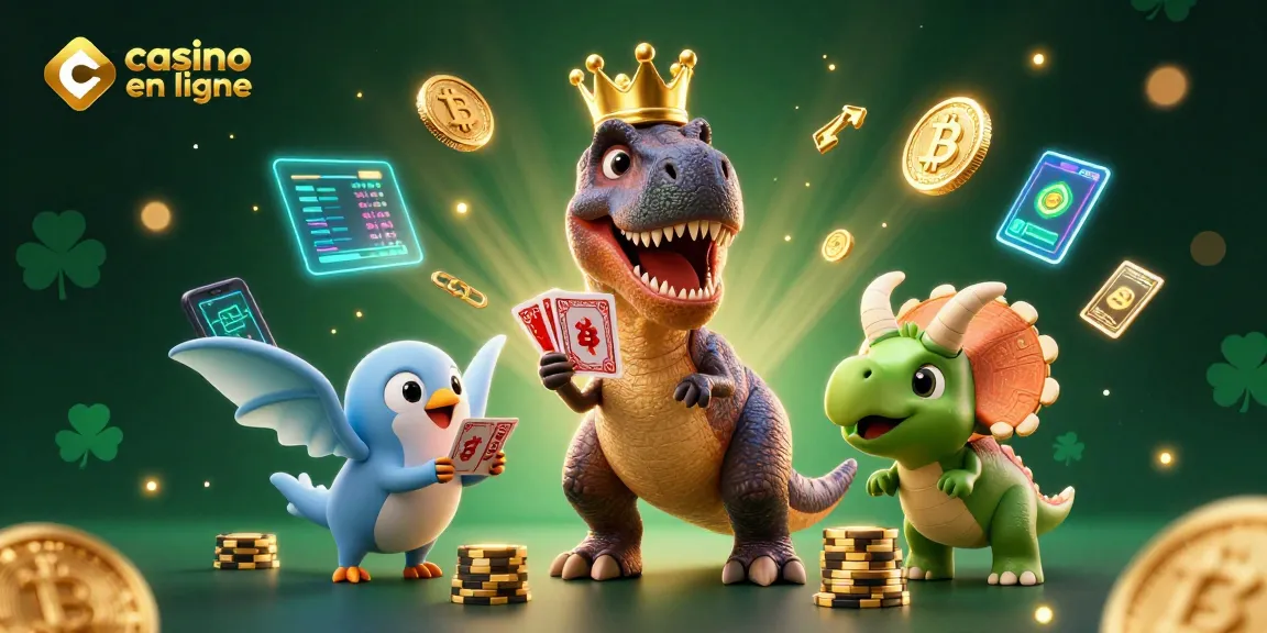 Le T-Rex joue aux cartes dans un casino en ligne crypto, avec des pièces de bitcoin et d'éthereum en arrière-plan.