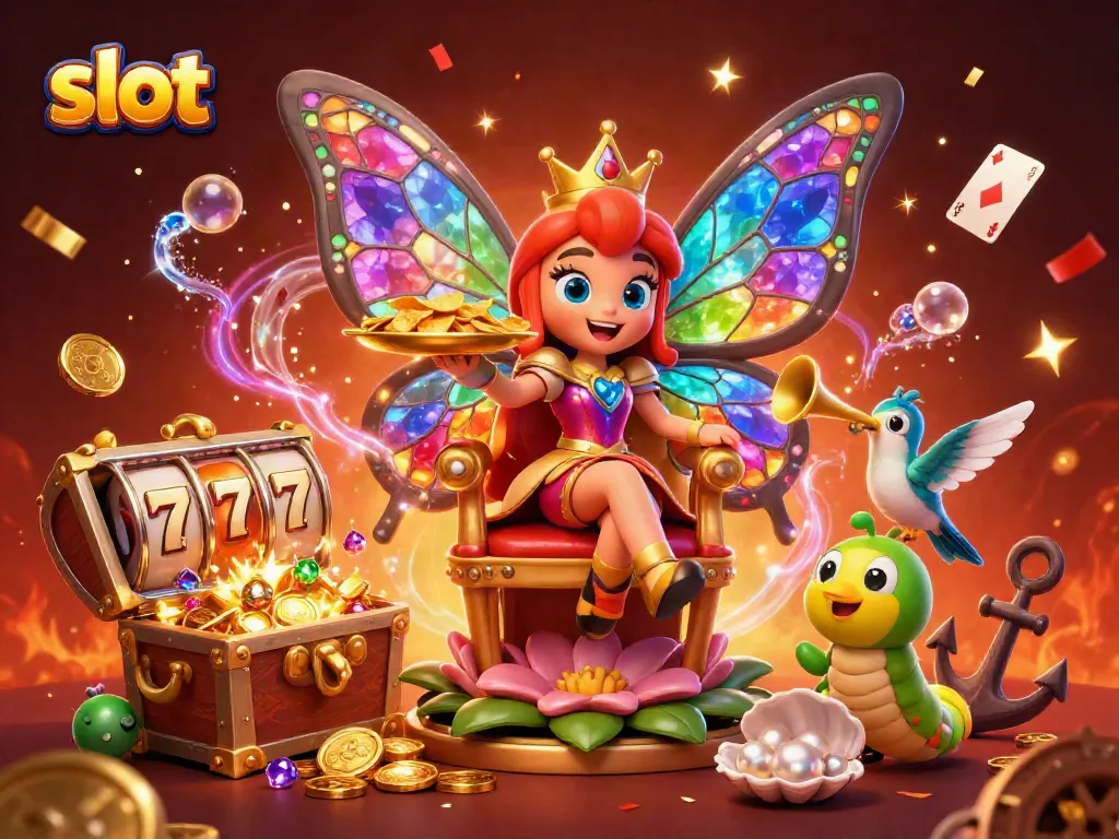 Slot menarik dengan ratu kupu-kupu, simbol hoki, dan koin emas mengalir.
