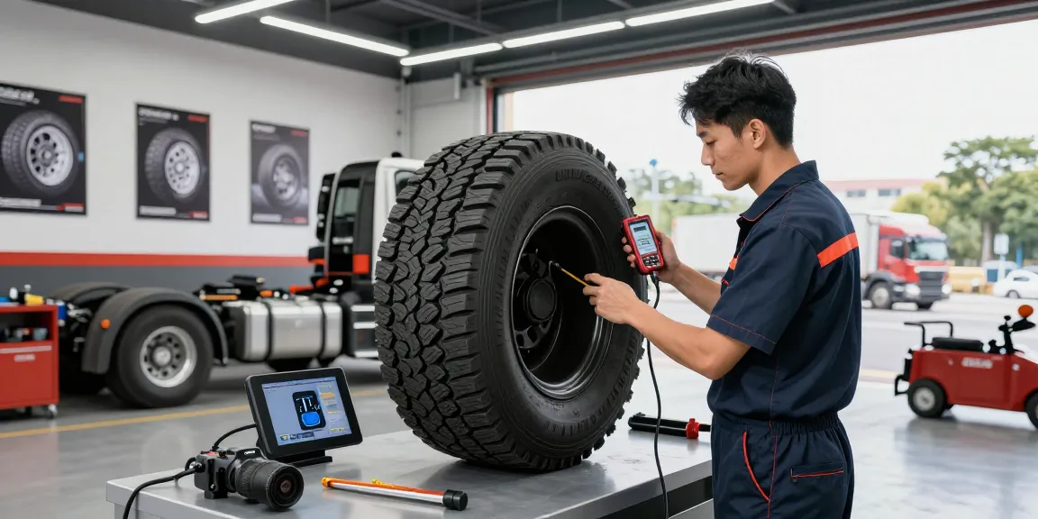 Mechanic inspecting Double Coin RR99 tire in modern garage for quality service.