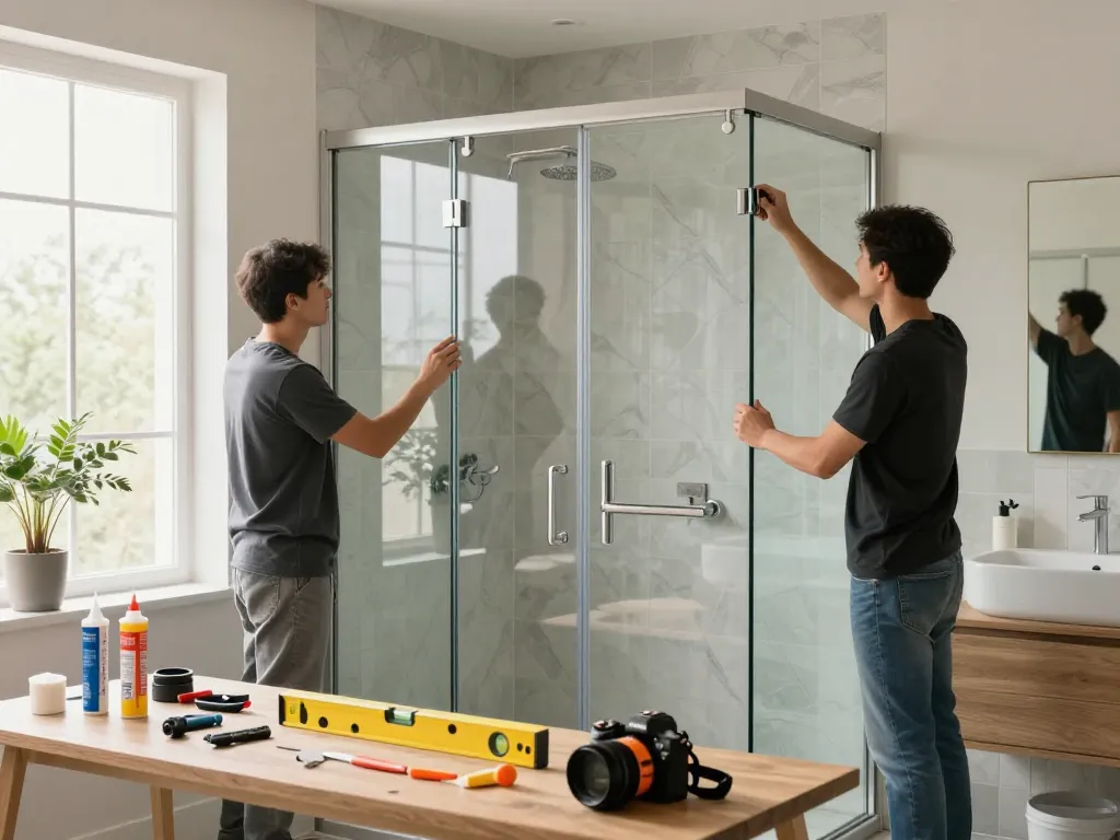 Custom glass shower door installation by topnotchcustomglass.com with skilled installers in a beautifully designed bathroom.