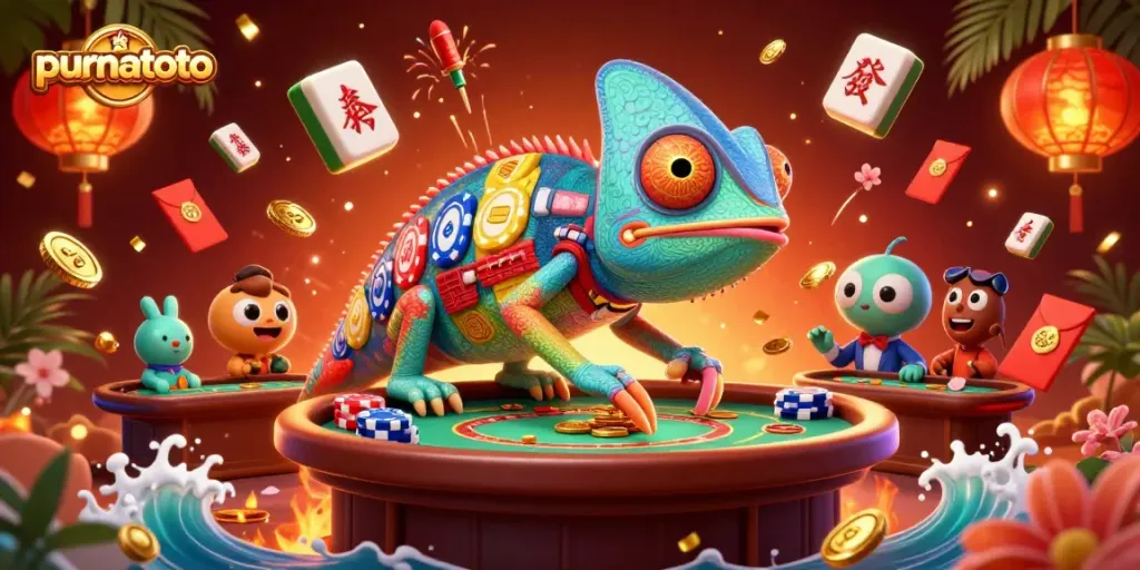 Raih kemenangan di purnatoto dengan chameleon kasino berwarna-warni yang menangkap koin emas!