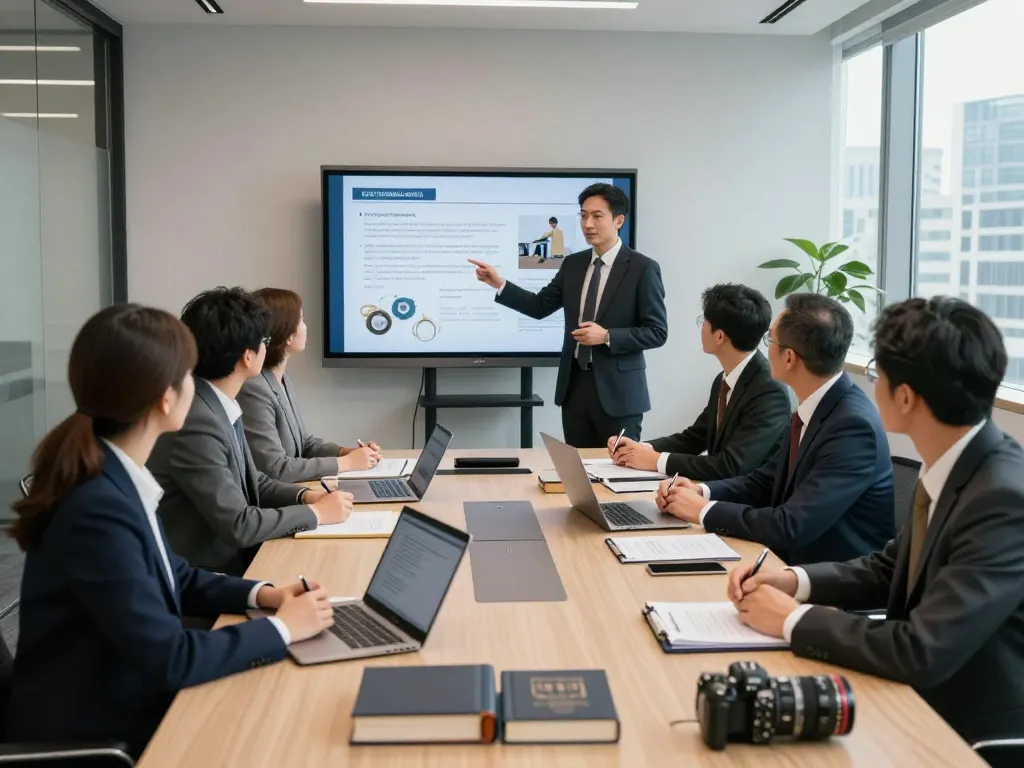 USA lawyers collaborating in a modern law firm office discussing case strategies around a conference table