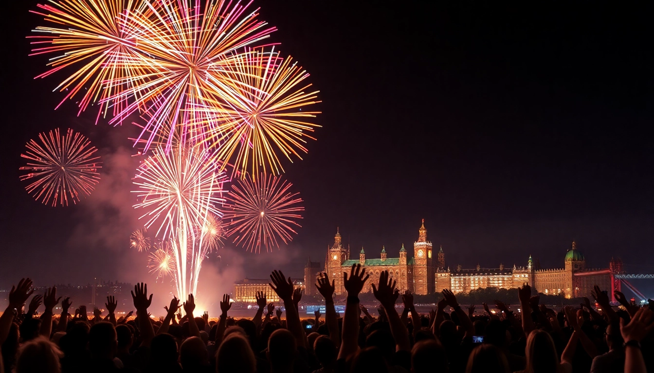 Witness breathtaking fireworks uk lighting up the night sky above an excited crowd.