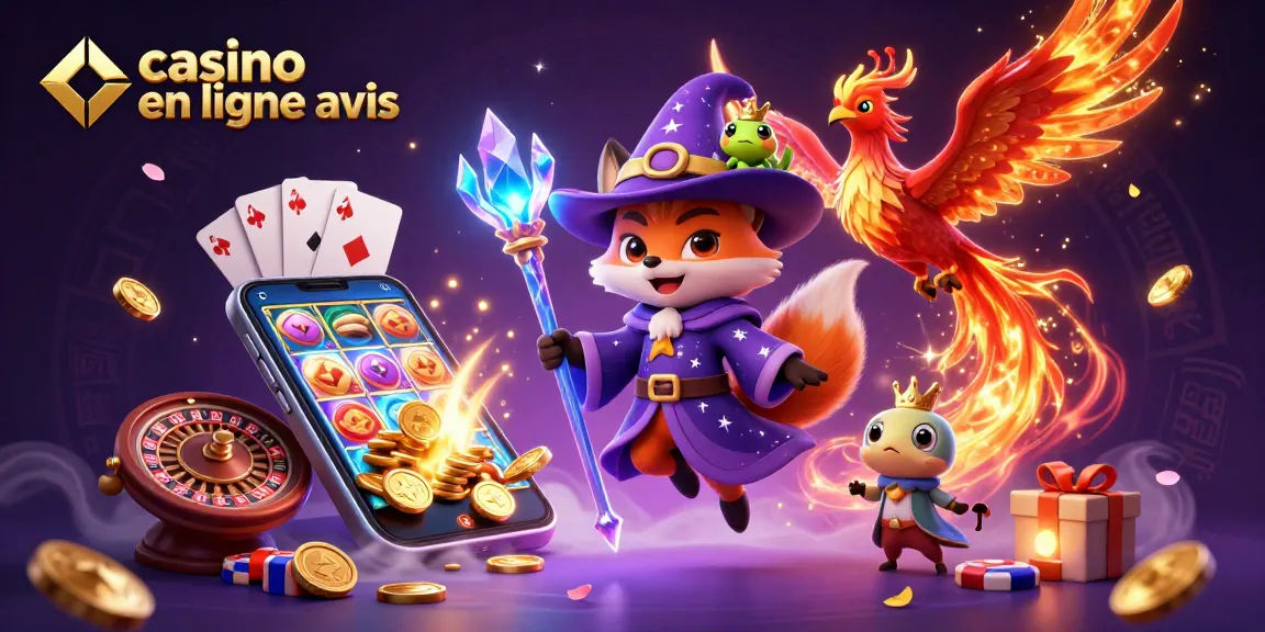 Le casino en ligne avis présente un univers magique avec un renard sorcier et des éléments de jeux.