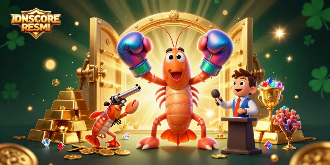 Engage with IDNSCORE RESMI through a vibrant 3D scene showcasing casino treasures and gaming excitement.