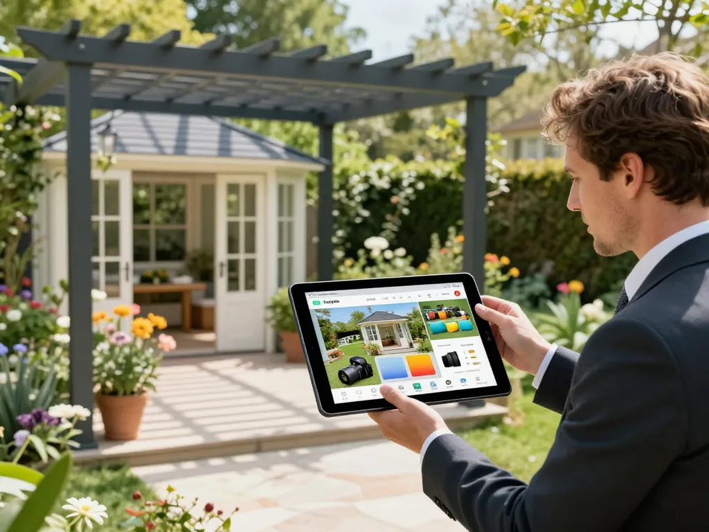 Pergola Configurator Software demonstration in a vibrant garden setting.