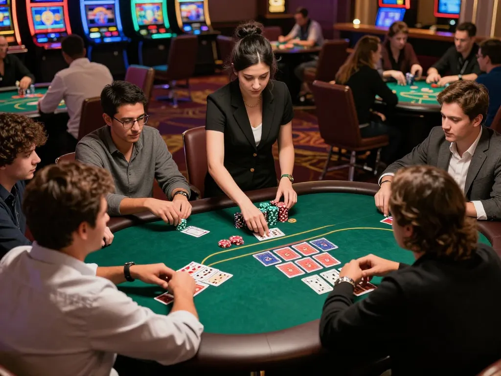 Engaged players at the LC88 poker table demonstrate strategic gameplay in a vibrant casino setting.